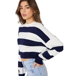 Garage Cropped Sweater Women XS White Navy Striped Nautical Preppy Slouchy